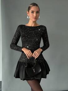 SHEIN Essnce Women's Bubble Girl Polka Dot Print Women Bubble Hem Fitted Mini Dress Women Dresses Black Lantern Dress Hem Dress /Flower Bud Hem/Ruffle/Birthday Outfit/Bubble Christmas Party Dress New Year Eve Dress Holiday Dress