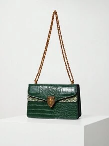 Crocodile Patterned Women Small Square Bag With Chain, Retro Fashion Versatile Shoulder Crossbody Bag (23*15*9)Cm Winter Gifts - Green - View 2