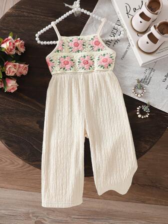 SHEIN Vintaside Kids Baby Girl Summer Playsuit European & American Style Cute Floral Print Loose Bib Jumpsuit