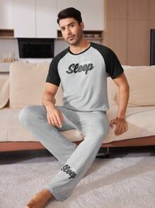 Men's Casual Letter Print Raglan Sleeve Pajama Set - Grey - View 7