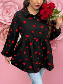 SHEIN LUNE Plus Size Women's Heart Doll Shirt Lantern Sleeve Wrinkle Concealing Slim Fit Shirt Heart Valentine Rose Curve Valentines Clothes Boho Cowgirl Old Money Festival Bohemian Western Wear Women Hippie Summer Boho Old Money/Valentine's Day