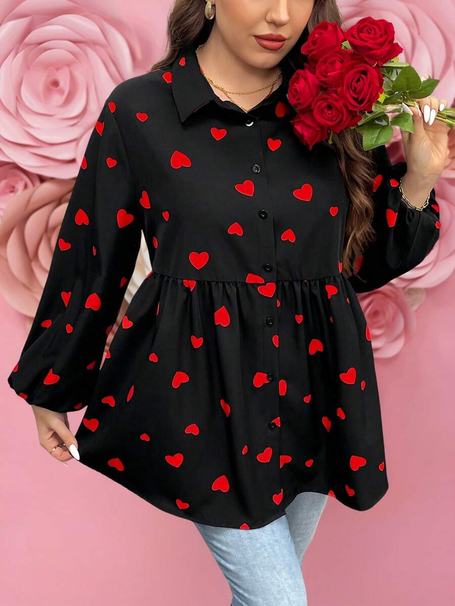SHEIN LUNE Plus Size Women's Heart Doll Shirt Lantern Sleeve Wrinkle Concealing Slim Fit Shirt Heart Valentine Rose Curve Valentines Clothes Boho Cowgirl Old Money Festival Bohemian Western Wear Women Hippie Summer Boho Old Money/Valentine's Day