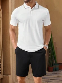 GENTILAND 2pcs Men's Fitted Shoulder Knitted Polo Shirt Set, Suitable For Everyday - White - View 3