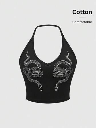 Goth Snake Printed Neck Hanging Lady's Bodycon Waist Cinched Camisole