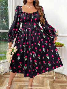 Flirla 大码女式郁金香花卉印花方领长袖优雅复古可爱假日中长连衣裙