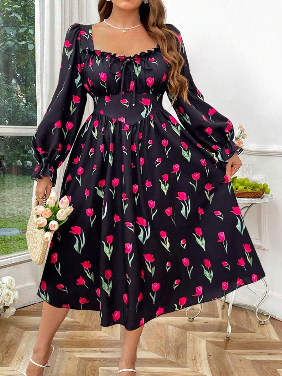 Flirla 大码女式郁金香花卉印花方领长袖优雅复古可爱假日中长连衣裙