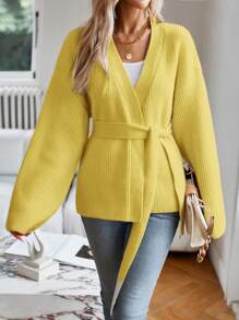 SHEIN Privé Drop Shoulder Belted Cardigan Oversized Sweater  Fall Cloth For Women - Yellow - View 5