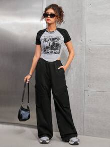 SHEIN 2pcs/Set Teen Girls Portrait Colorblock T-Shirt And Pocket Long Pants Outfit