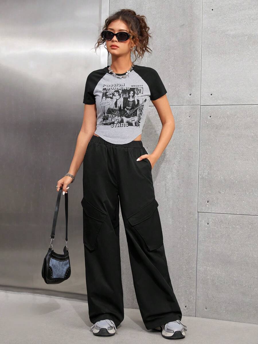 SHEIN 2pcs/Set Teen Girls Portrait Colorblock T-Shirt And Pocket Long Pants Outfit
