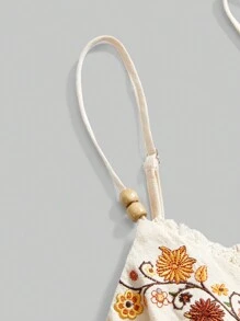 ROMWE Fairycore Retro Casual Vacation Floral Embroidery Beaded Strap Loose Hem Women Tank Top - Beige - View 2