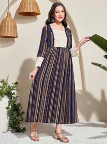 SHEIN TEEN GIRL Vintage Decor Fringe Waist Cinched Long A-Line Dress