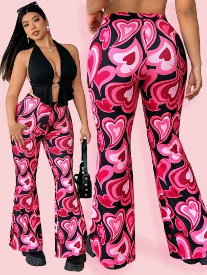 GalTyme Plus Size Women's Valentines Clothes,Heart Graphic Print Casual Flare Pants, Everyday Wear,Spring Summer Clothes/Valentine's Day