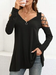 SHEIN LUNE Camiseta casual de mujer con manga hueca y adorno de strass con cremallera