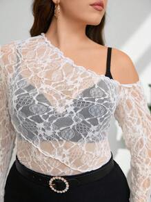 SHEIN Privé Blusa ajustada de patchwork con cuello asimétrico de encaje estilo bohemio para mujer talla grande