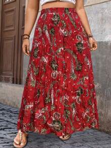 Breezaya Plus Size Women Printed Textured Design Ruffle Detail Skirt, Suitable For Vacation And Daily Commute