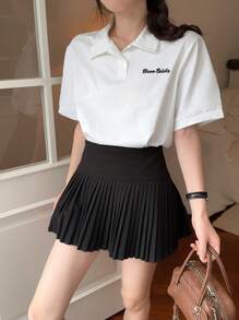 DAZY Camiseta de mujer de manga corta, cuello polo, unicolor, con bordado de letra