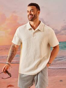 EASEVO Camisa polo de punto de manga corta y corte holgado en color beige para hombres de talla grande