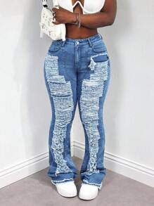 SHEIN Slayr Women's Side Pocket Flared Distressed Denim Jeans