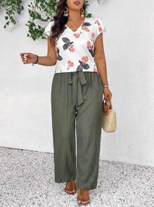 SHEIN Frenchy 2pcs/Set Women Plus Size Boho Print Top And Green Pants Set, Fashion New Style For Spring And Summer Going Out Sets