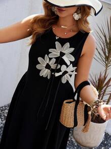 Franclia Plus Size Boho Sleeveless Bustline Waist Fitted Dress, Black Retro Elegant Gangster Wife Style Dress For Commuting And Casual Outings, For Summer