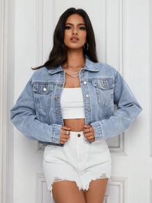 SHEIN PETITE Women Short Single Breasted Casual Denim Jacket, Long Sleeve