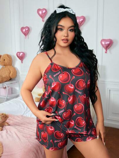 Kawaii Ensemble ample débardeur et short imprimé cerises, tenue de détente estivale casual