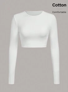 SHEIN BASICS Women's Solid Color Round Neck Long Sleeve Slim Casual T-Shirt