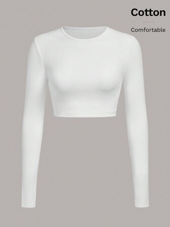 Maglietta casual slim da donna a maniche lunghe con collo rotondo e tinta unita