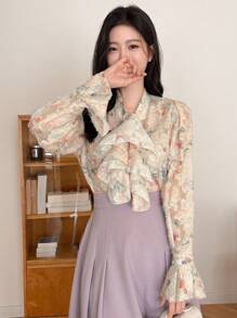 DAZY Women Floral Print Ruffle Flared Sleeve Blouse,Fall Women Clothes Long Sleeve Top
