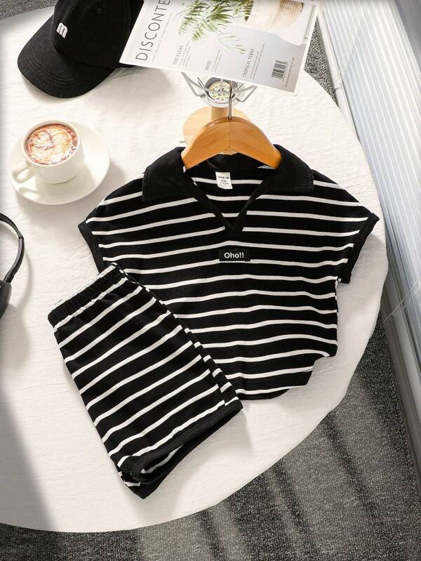 2pcs Young Boy Casual Cute Sporty Streetwear All-Match Striped Contrast Color Knitted Soft Crew Neck Sweatshirt And Shorts Set, Versatile For Spring, Summer, Autumn, Suitable For School, Outdoor, Home Use