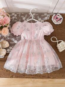 Souflis Souflis 女婴春季粉色奢华可爱风格蓬松薄纱面料圆领可开腰蝴蝶结装饰喇叭裙连衣裙，适合派对和聚会 - 粉色 - 查看 8