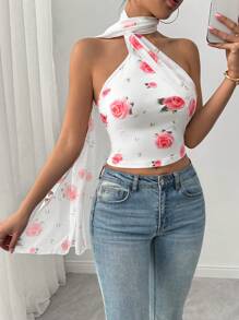 Chiquease Women's Elegant Romantic Rose Flower Mesh Print Floral Ribbon Elastic Fitted Camisole - Pink - View 3