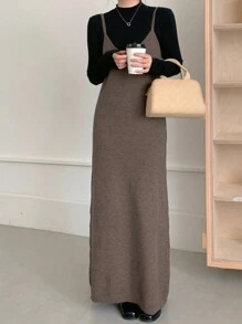 DAZY Women Casual Solid Color Spaghetti Strap Maxi Sweater Dress, Autumn/Winter - Brown - View 6