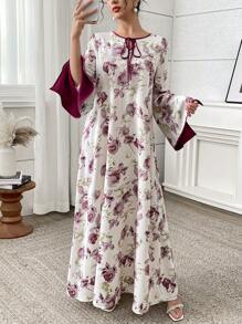 Yasmyna Vestido con estampado floral, mangas campana y estilo árabe elegante para mujer, vestidos jalabiya árabe, modesto - Rosa - Ver 2