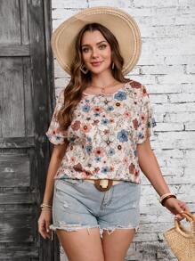 SHEIN VCAY Plus Size Bloemen Allover Print Ronde Hals Korte Mouw Casual T-shirt