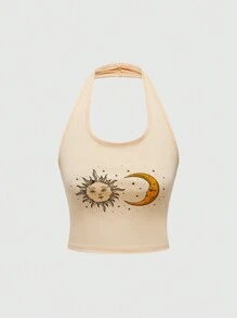 ROMWE Damen Mode lässiges Trägershirt mit Sonne, Mond und Sterne Muster