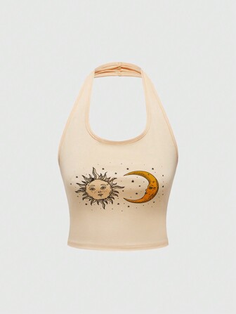 Débardeur femme mode décontractée avec imprimé lune soleil étoile, col montant