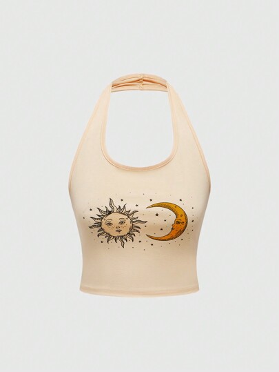 Débardeur femme mode décontractée avec imprimé lune soleil étoile, col montant