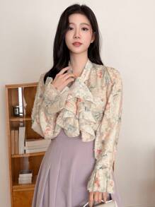 DAZY Women Floral Print Ruffle Flared Sleeve Blouse,Fall Women Clothes Long Sleeve Top