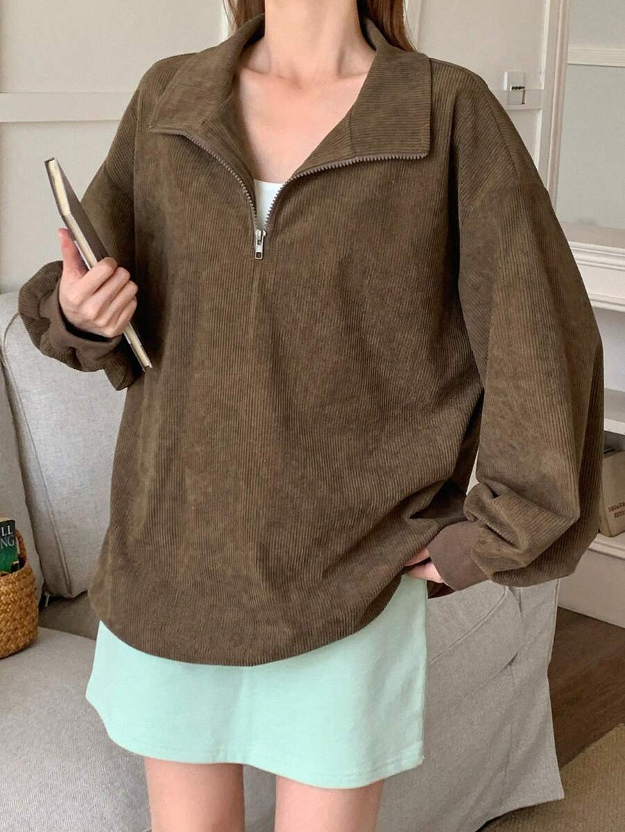 DAZY Women Solid Color Zipper Half-Placket Drop Shoulder Long Sleeve Sweatshirt - Khaki - View 1