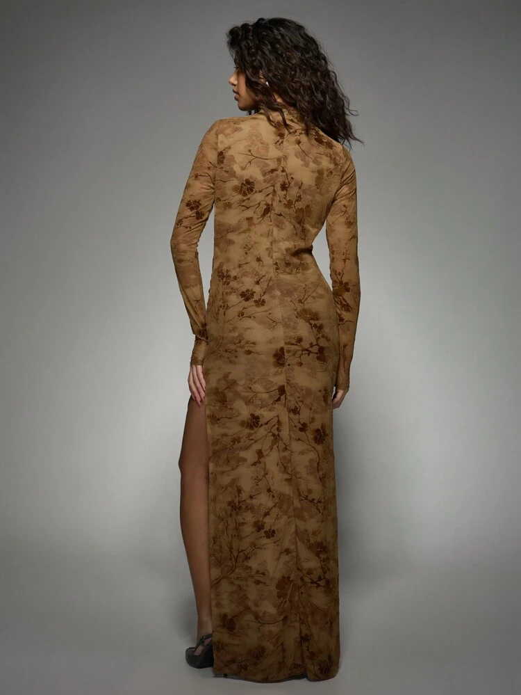 MISSGUIDED Vestido Longo de Festa com Mangas Longas, Recorte Torcido, Fenda Lateral, Elegante Vestido Formal para Ocasião Especial, Festa, Casamento, Convidado