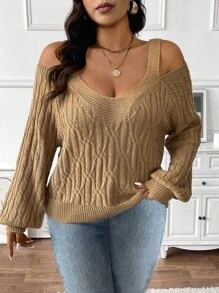 SHEIN Clasi Plus Size Women Knitted Neckline Design Cold Shoulder Lantern Sleeve Slightly Open Back Regular Loose Pullover Sweater, Autumn/Winter Fall - Apricot - View 6
