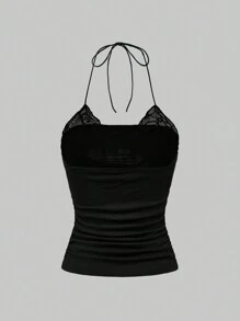 ROMWE Conjunto de 2 piezas: Top halter de estampado vintage de cerezas y contraste floral punk con encaje