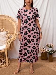EMERY ROSE Plus Size Women Leopard Print Mid-Length Dress, Summer