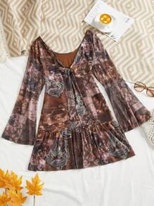 SHEIN VCAY Plus Size Retro Patchwork Print Flared Sleeve Dress - Multicolor - View 1