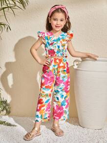 Set de 2 piezas: Blusa con volantes con estampado floral diminuto tejido y pantalón ancho suelto con el mismo estampado floral diminuto tejido para niñas jóvenes
