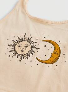 ROMWE Damen Mode lässiges Trägershirt mit Sonne, Mond und Sterne Muster