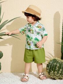SHEIN 2pcs Set Baby Boy/Girl Casual Daily Cute Allover Print Coconut Tree & Animal Pattern Drop Shoulder Loose Fit Round Neck Top Shirt And Elastic Waist Shorts Set, Suitable For Spring/Summer, Home, Outing, Vacation, Beach