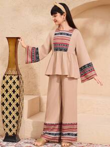 Tween Girls Ramadan Leisure Round Neck Long Sleeve Top & Straight Leg Pants Set, Yellow
