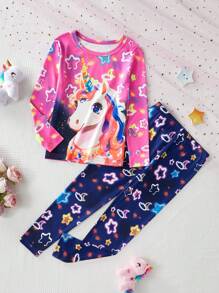 Jeune fille Ensemble de pyjama 2 pièces avec haut à manches longues col rond et pantalon long, imprimé licorne fluorescente